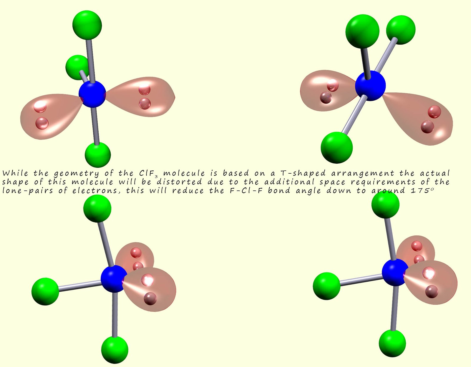 Distorted T-shaped molecule ClF3 due to the presence of the two lone pairs of electrons in the equatorial positions.